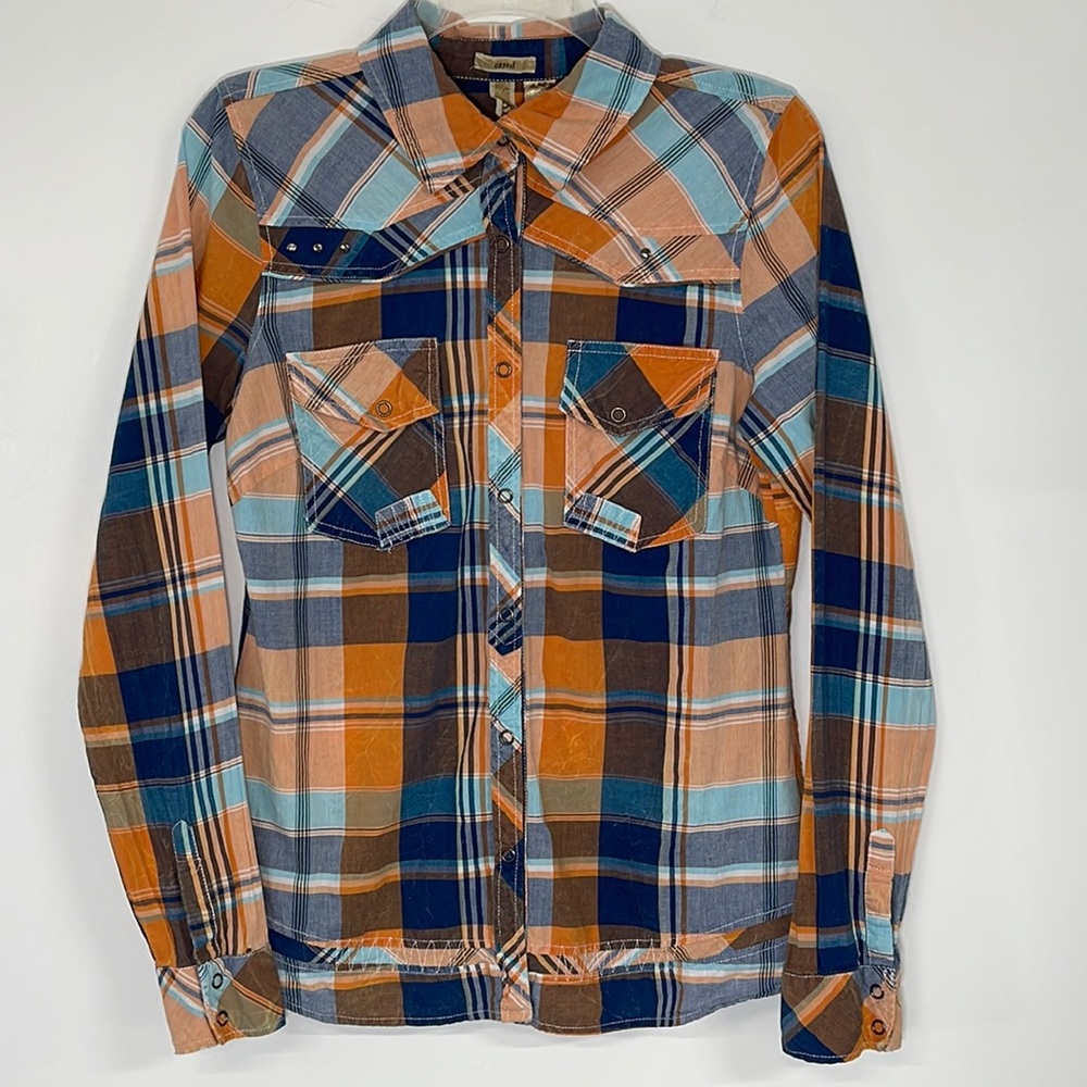 BKE Plaid Button-Down Shirt in Orange, Blue, Brown